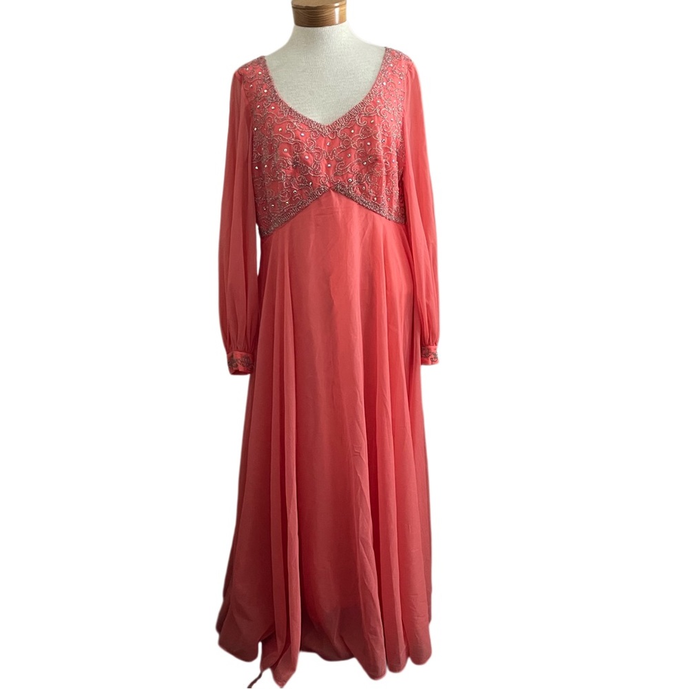Vintage Mike Benet Formals Coral and Sequin Long Sleeved Dress